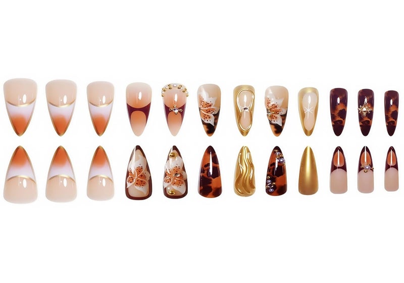 SEENEEY Medium Press on Nails Almond Brown Flowers Stick on Nail for Women 24pcs - Image 4